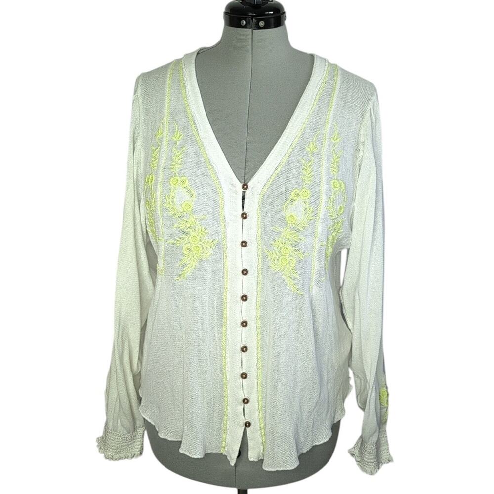 Free People Margie Embroidered Cotton Cardigan Sweater w/Balloon Sleeves, size S